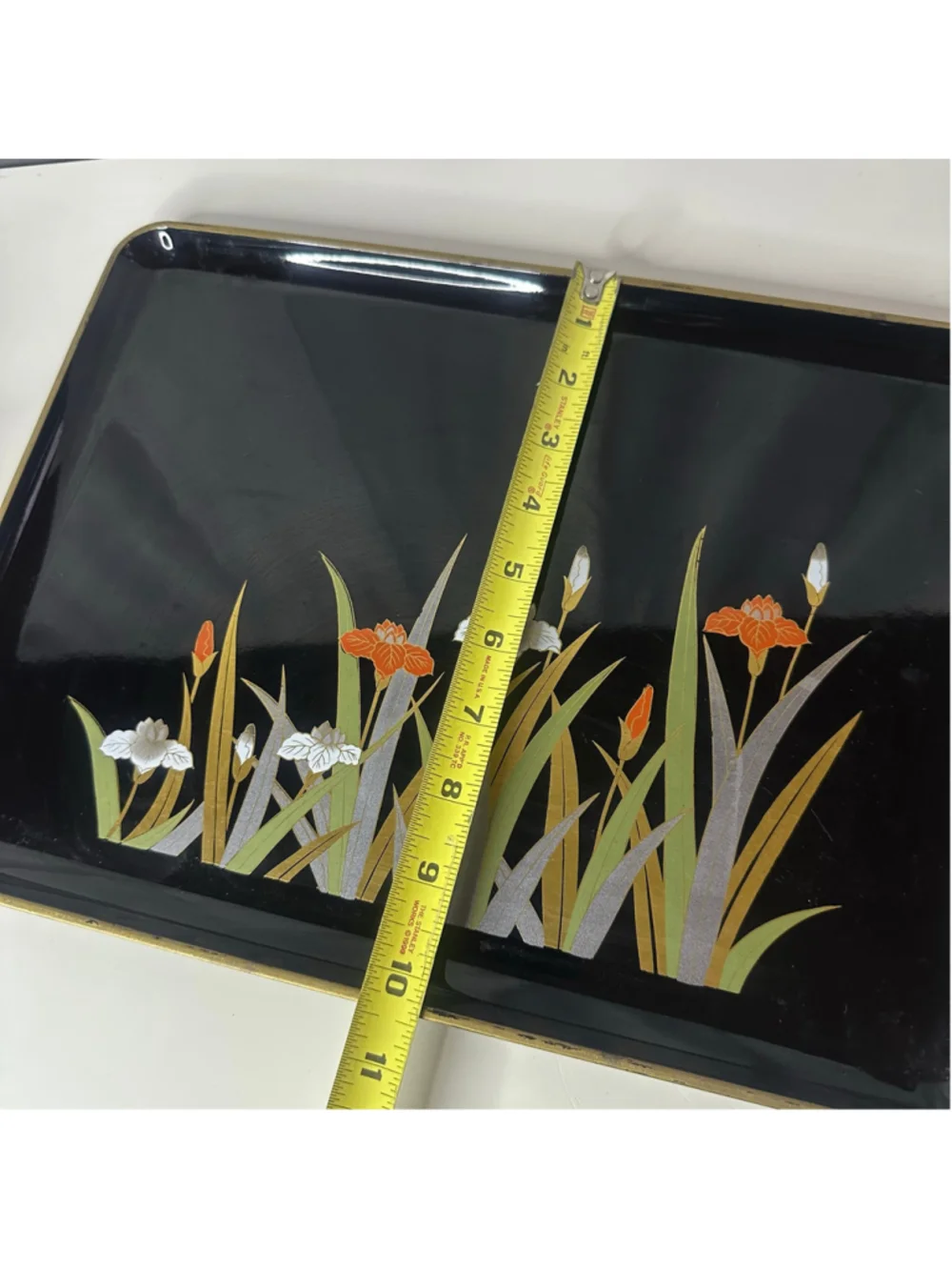 Vintage Otagiri Japan Black Lacquerware Iris Floral Serving Tray & Jewelry Box